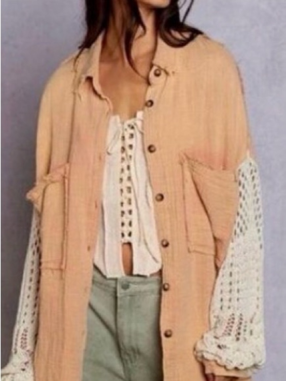 POL Pink Gauze Cotton Oversized Slouchy Boho Button Down Knit Sleeves Large Cute
